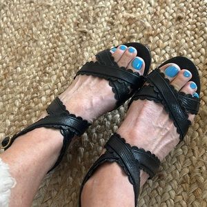See by Chloe Black Scalloped Leather Ankle Strap Flat Sandals 38.5